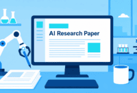 Illustration of AI research agents writing scientific papers autonomously.