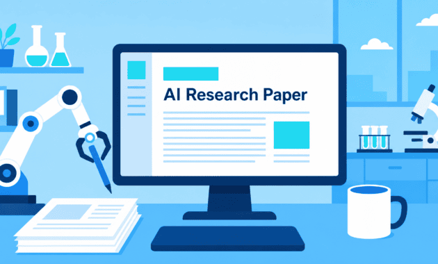 Illustration of AI research agents writing scientific papers autonomously.