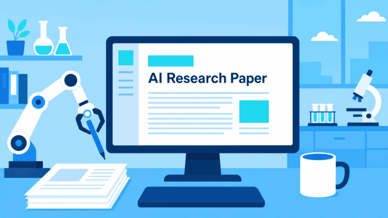 Illustration of AI research agents writing scientific papers autonomously.