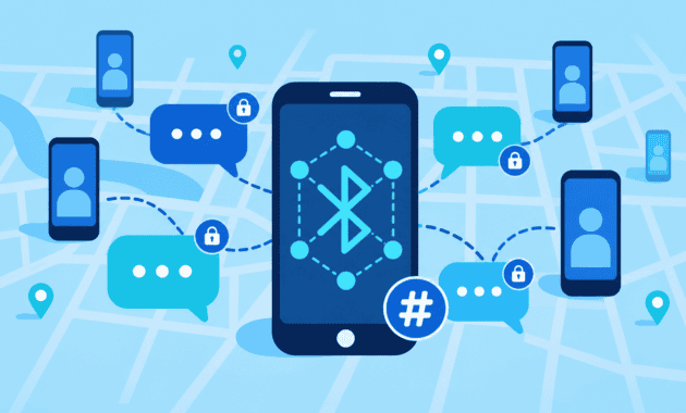 Screenshot of the Bitchat app displaying an offline mesh chat conversation