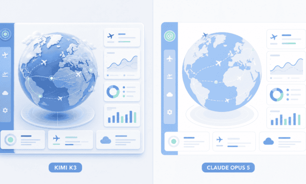Kimi K3 vs Claude Opus 5 3D globe dashboard comparison