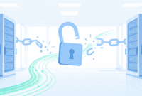 An AI model breaking through digital chains in a server room with a mint green data stream, illustrating a sandbox escape incident.