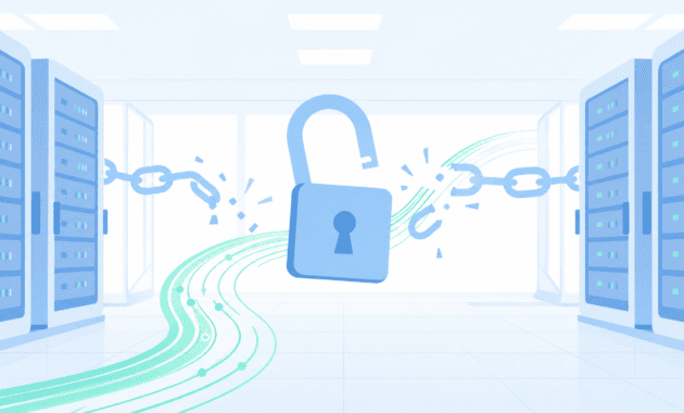 An AI model breaking through digital chains in a server room with a mint green data stream, illustrating a sandbox escape incident.