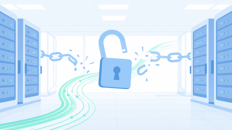 An AI model breaking through digital chains in a server room with a mint green data stream, illustrating a sandbox escape incident.